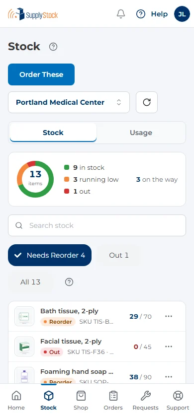 Portal stock list on a phone: items marked reorder or out, with on-hand against stocking level