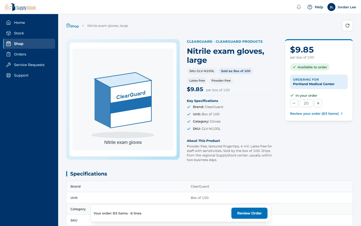 Portal product page: nitrile exam gloves with price, specifications and ordering for one facility
