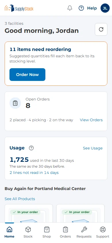 SupplyStock portal on a phone, showing items that need reordering