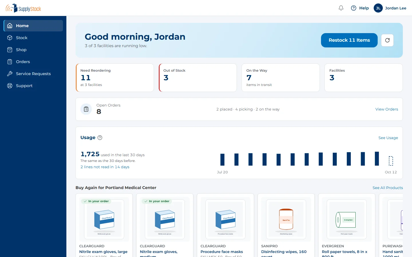 SupplyStock customer portal home: items to reorder, open orders, usage and buy-again products