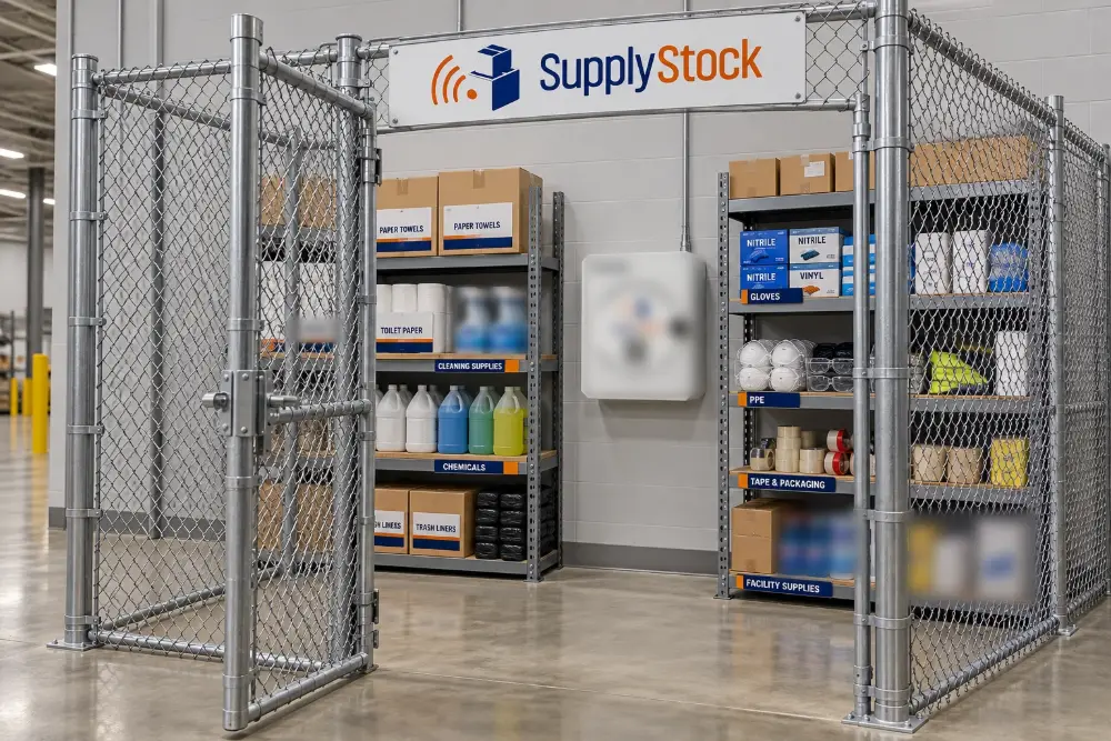 Illustration of a Facility Area: a caged supply area under a SupplyStock sign, with labelled shelves for paper towels, toilet paper, cleaning supplies, chemicals, trash liners, gloves, PPE and tape and packaging
