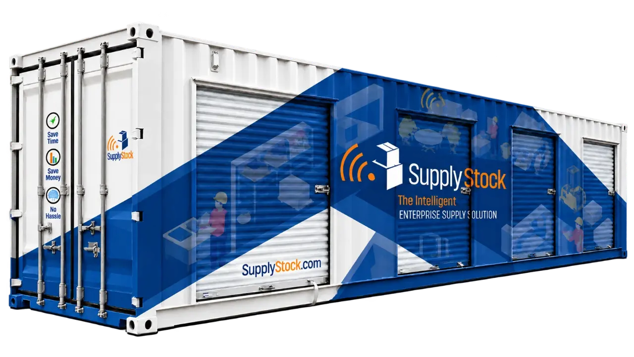 Artwork of a 40 ft SupplyStock Supply Pod: a shipping container wrapped in blue and white with the SupplyStock logo, roll-up doors and the marks Save Time, Save Money and No Hassle