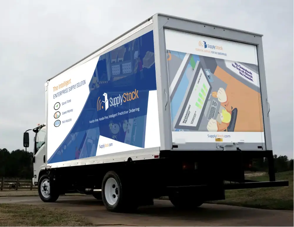 Artwork of a SupplyStock delivery truck wrap: The Intelligent Enterprise Supply Solution, Save Time, Save Money, No Hassle on the side, and No Overstock. No Out of Stock. No Hassle. on the rear door